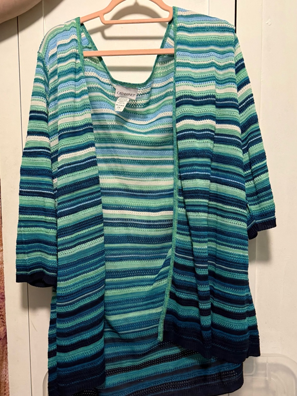 Catherines Teal and Navy Striped Open-Front Knit Cardigan
